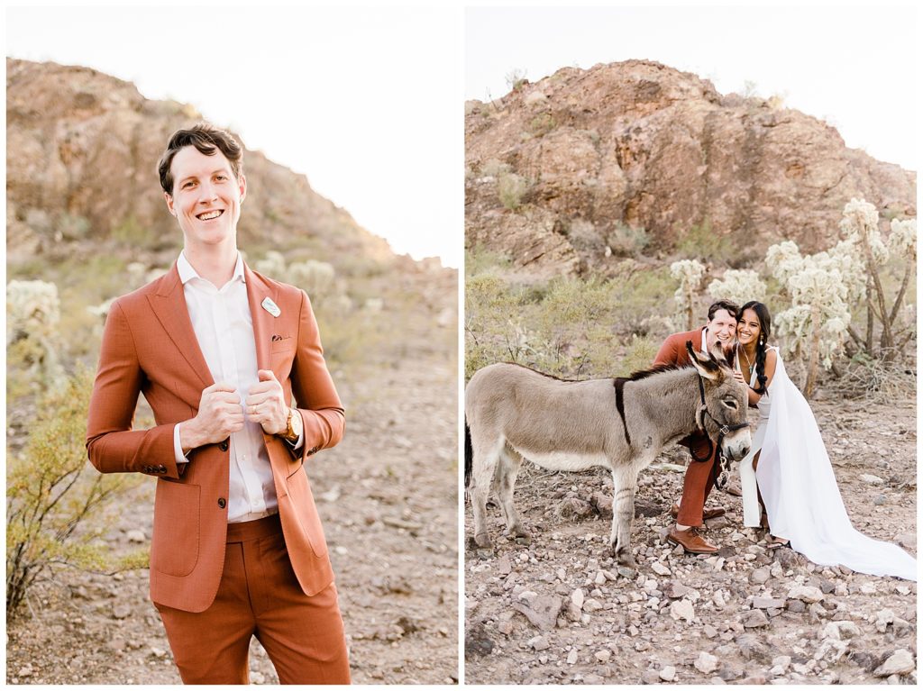 couple with burro at wedding